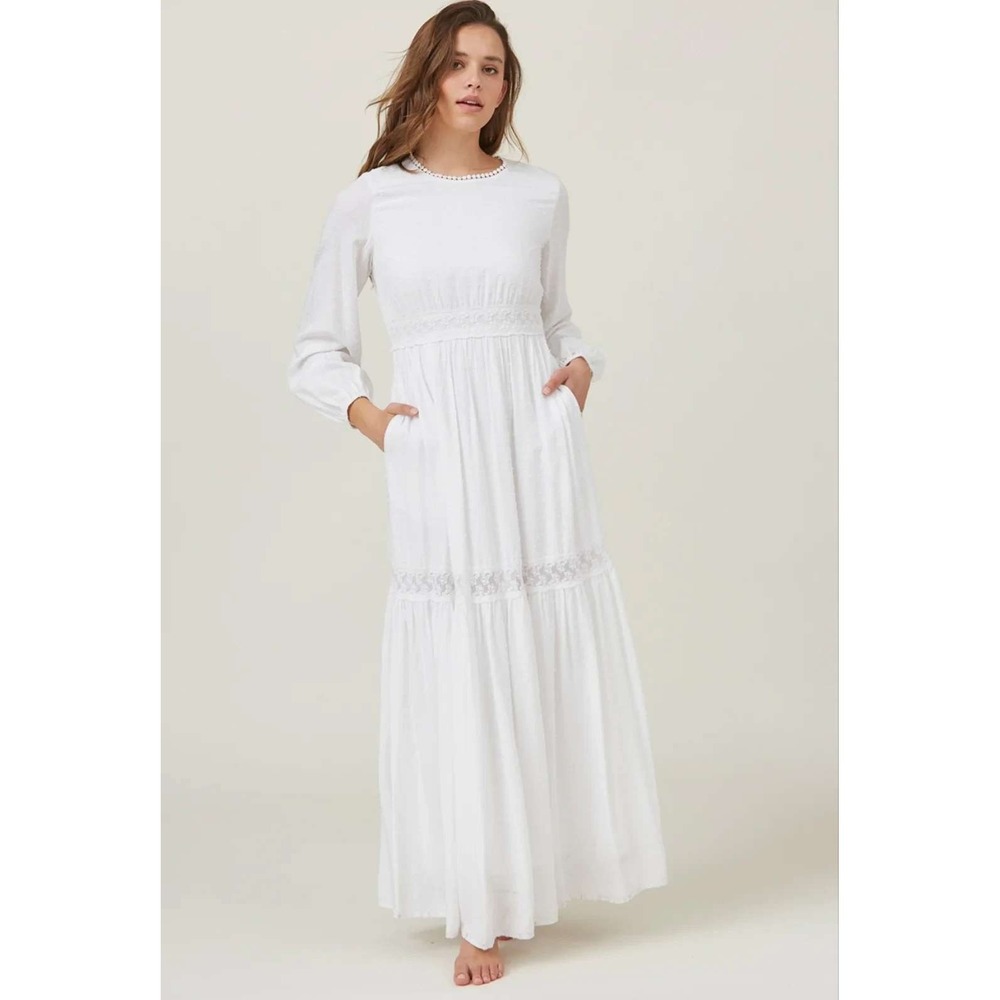 The White Swiss Dot Maxi Dress Long Sleeve Lace Trim Boho Cottagecore Sz M